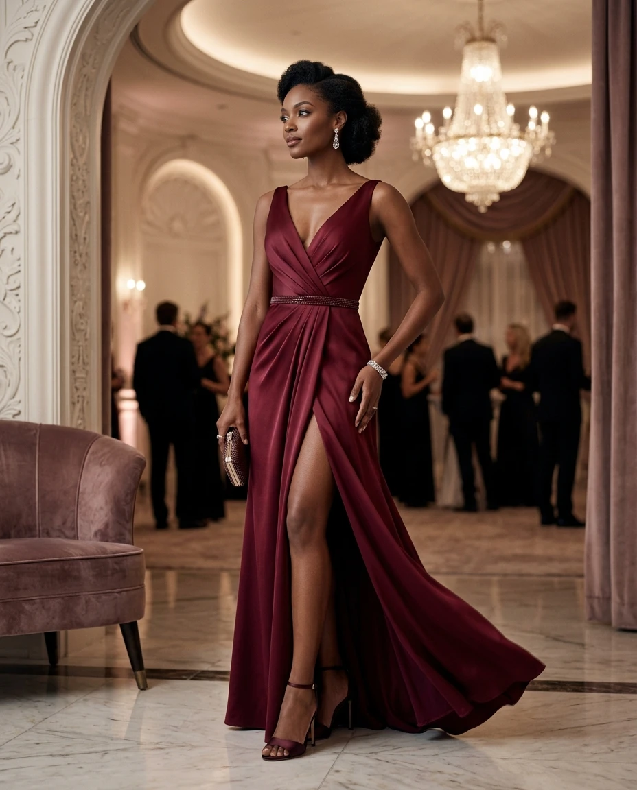 Gemma Deeks Style Guide: Cocktail Attire gala gown in Burgundy Summer 2026