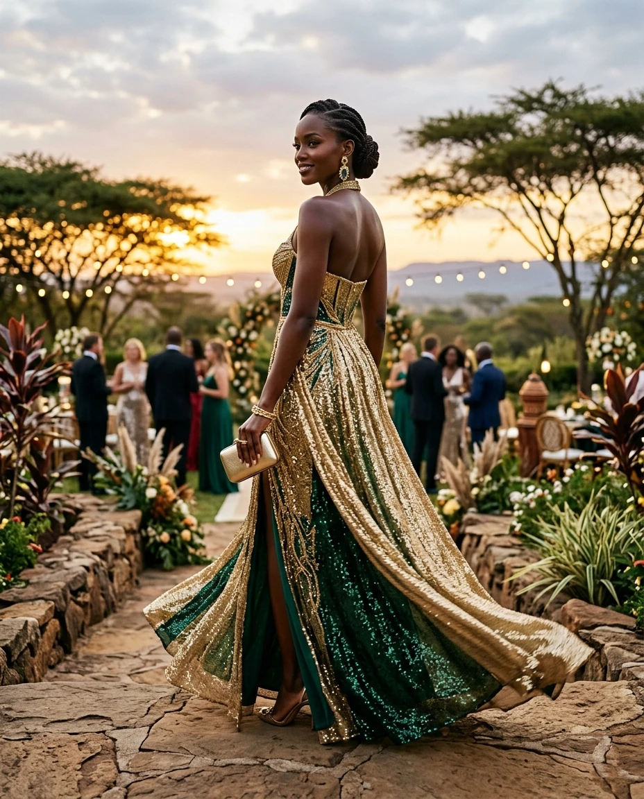 Gemma Deeks Style Guide: Cocktail Attire gala gown in Kenya Summer 2026