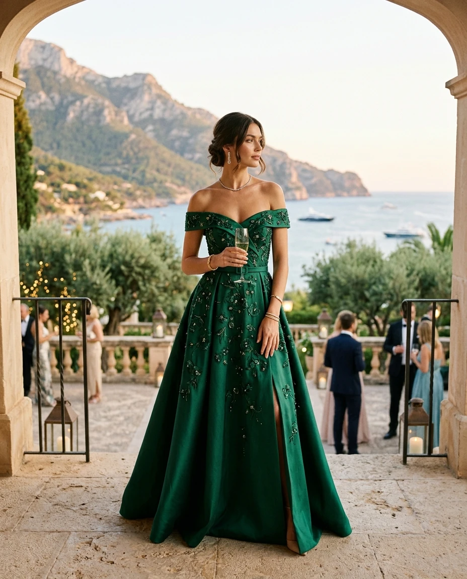 Gemma Deeks Style Guide: Cocktail Attire gala gown in Majorca Summer 2026