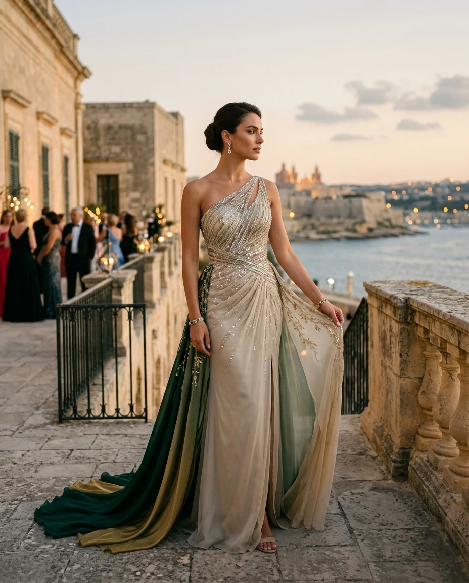 Gemma Deeks Style Guide: Cocktail Attire gala gown in Malta Summer 2026
