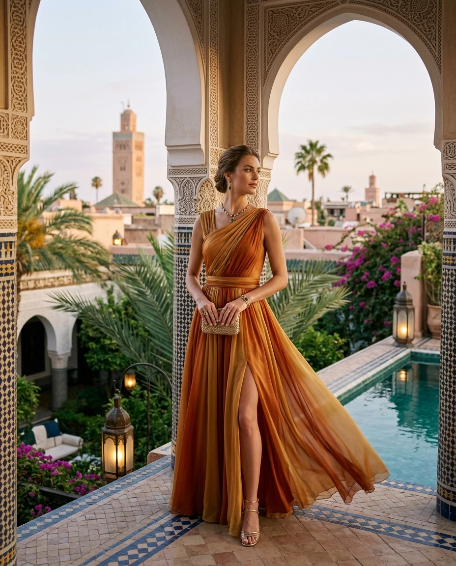 Gemma Deeks Style Guide: Cocktail Attire gala gown in Marrakech Summer 2026