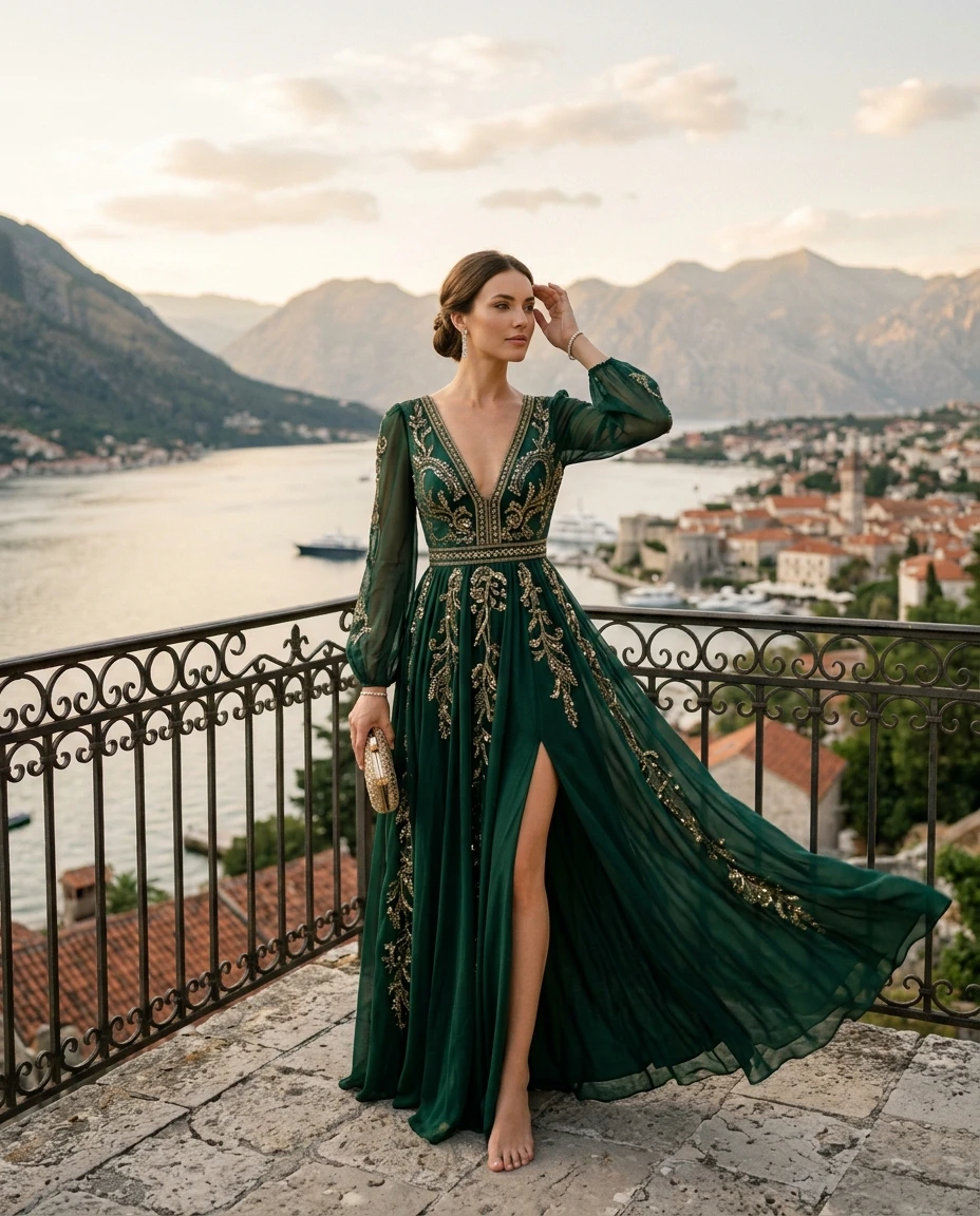 Gemma Deeks Style Guide: Cocktail Attire gala gown in Montenegro Summer 2026