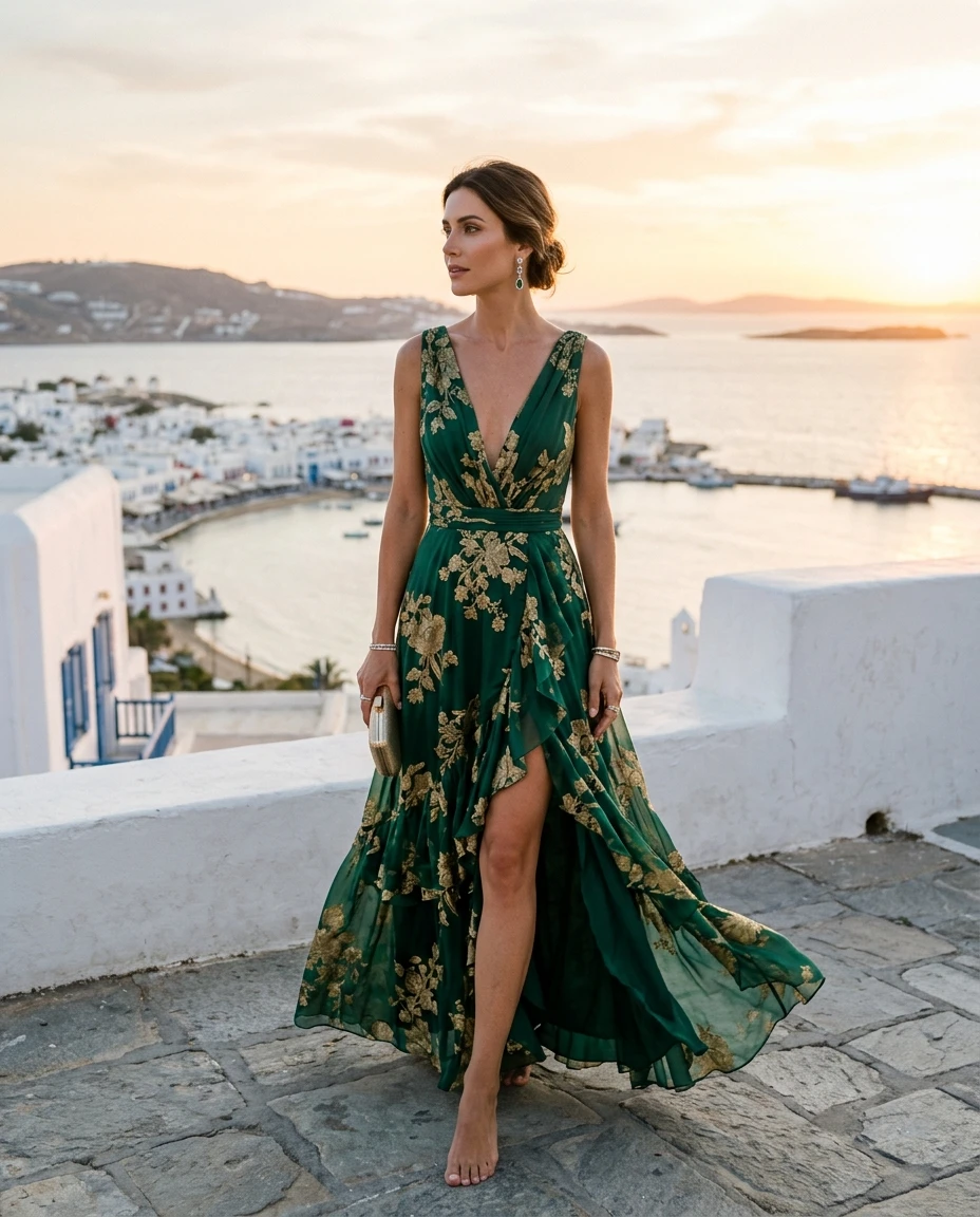 Gemma Deeks Style Guide: Cocktail Attire gala gown in Mykonos Summer 2026