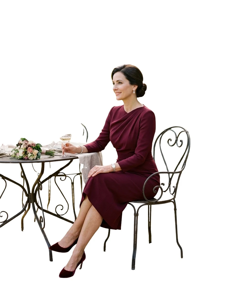 Gemma Deeks Style Guide: Cocktail Attire Mother’s Day in Burgundy Summer 2026