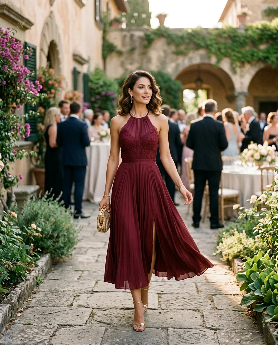 Gemma Deeks Style Guide: Cocktail Attire wedding guest dress in Burgundy Summer 2026