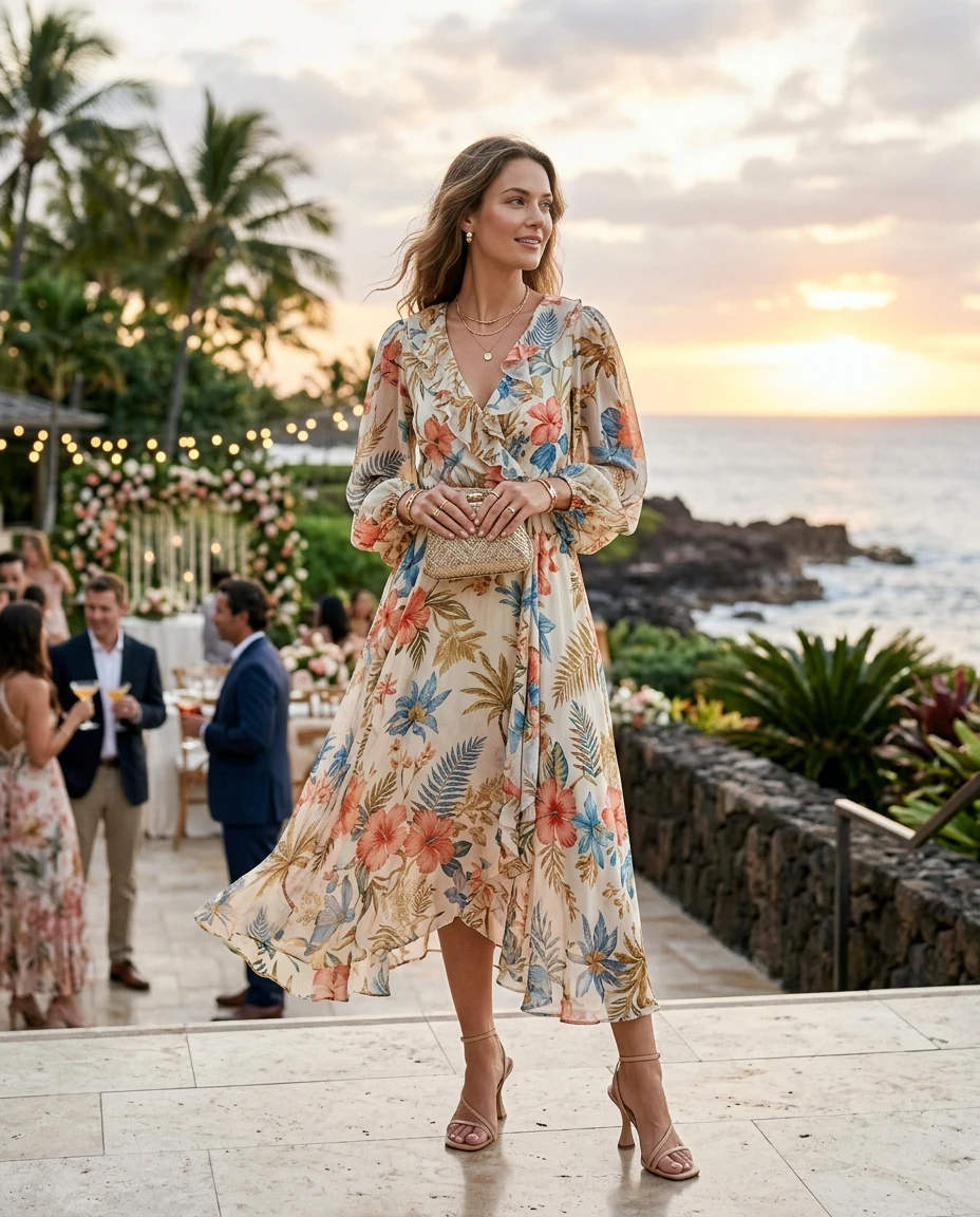 Gemma Deeks Style Guide: Cocktail Attire wedding guest dress in Hawaii Summer 2026
