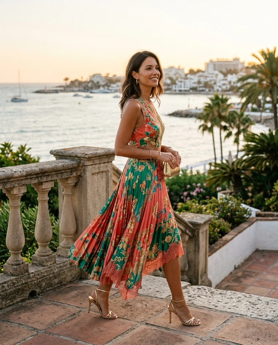 Gemma Deeks Style Guide: Cocktail Attire wedding guest dress in Marbella Summer 2026
