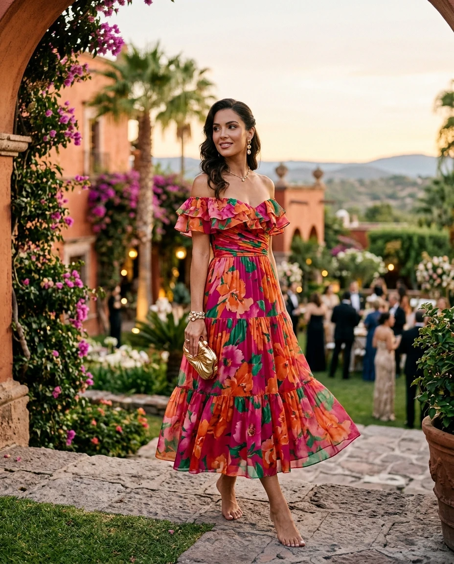 Gemma Deeks Style Guide: Cocktail Attire wedding guest dress in Mexico Summer 2026