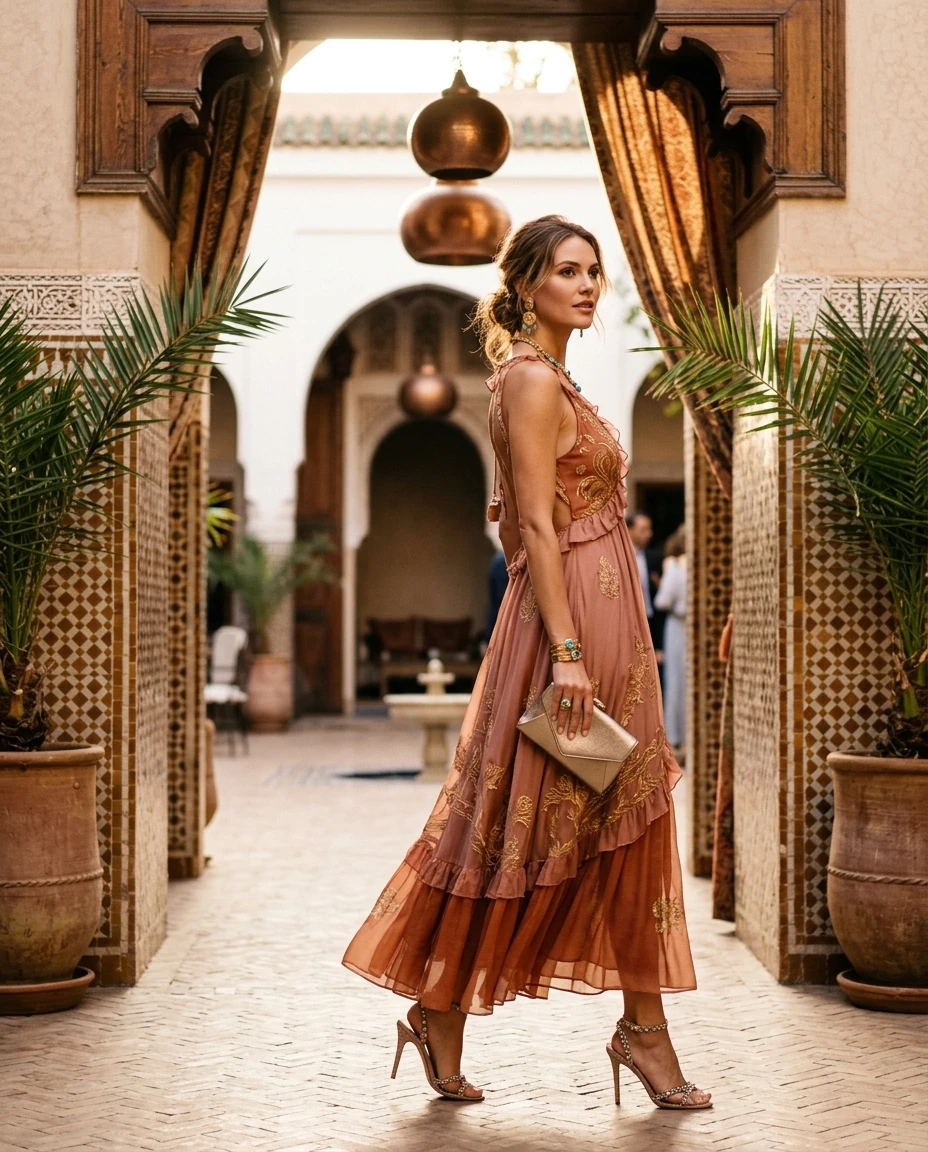 Gemma Deeks Style Guide: Cocktail Attire wedding guest dress in Moroco Summer 2026