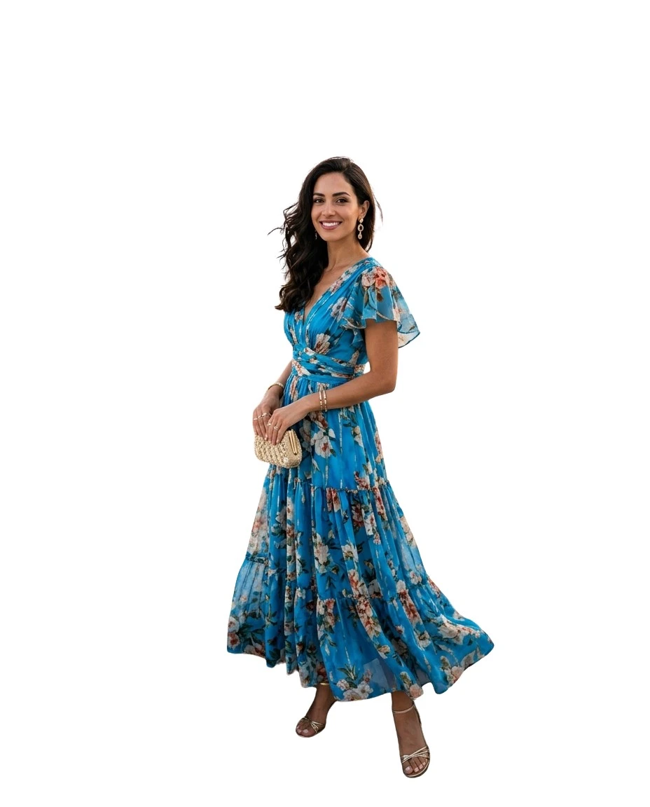 Gemma Deeks Style Guide: Cocktail Attire wedding guest dress in Santorini Summer 2026