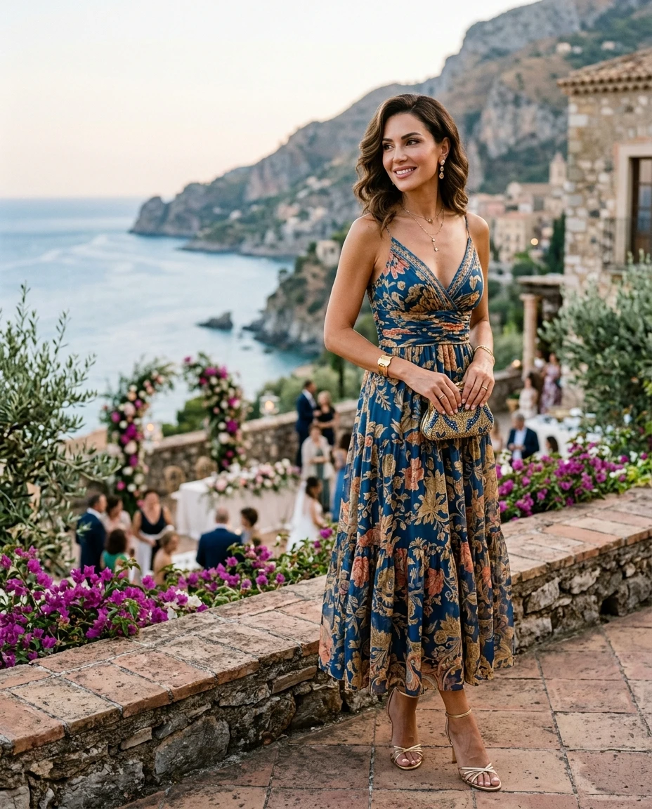 Gemma Deeks Style Guide: Cocktail Attire wedding guest dress in Sicily Summer 2026