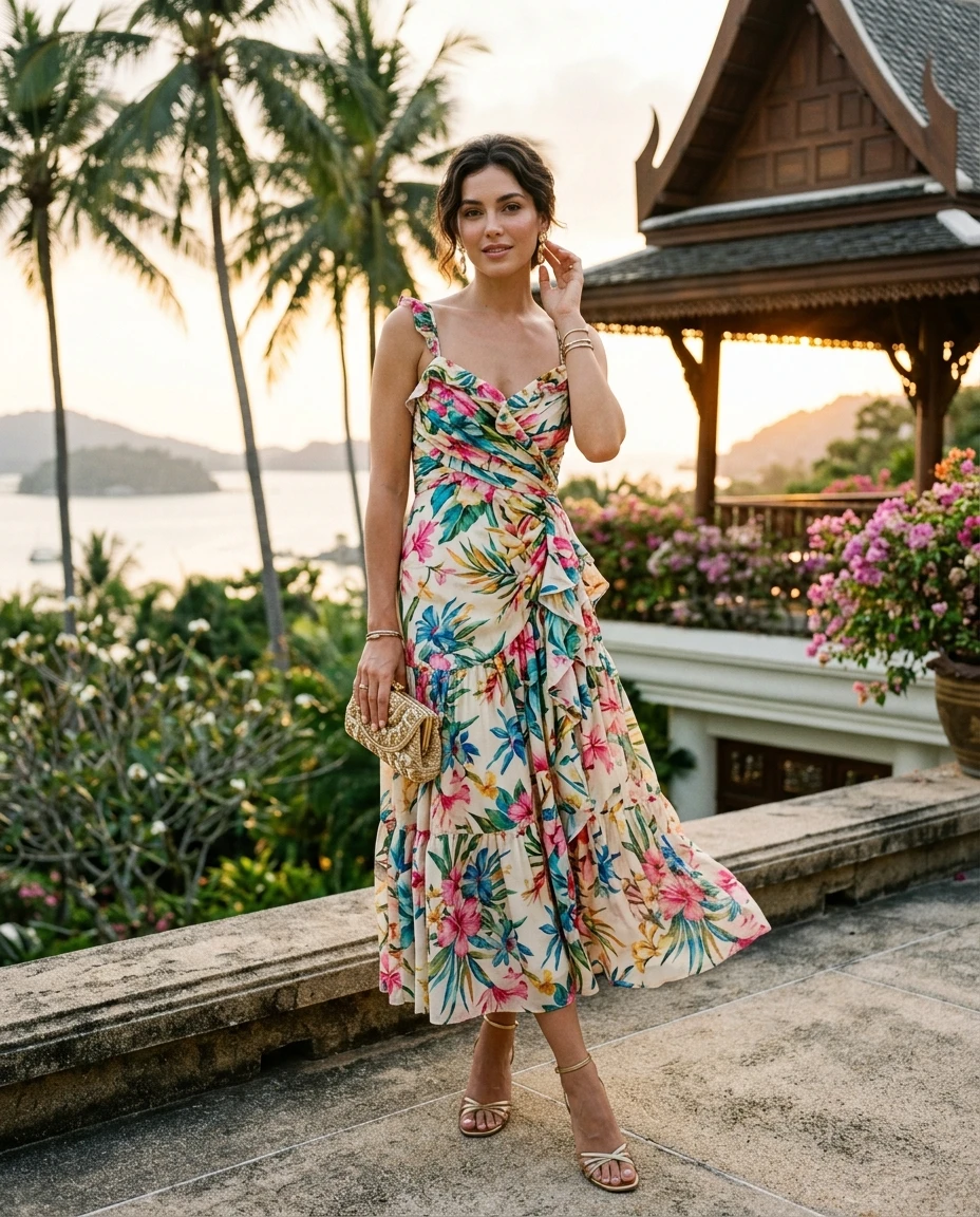 Gemma Deeks Style Guide: Cocktail Attire wedding guest dress in Thailand Summer 2026