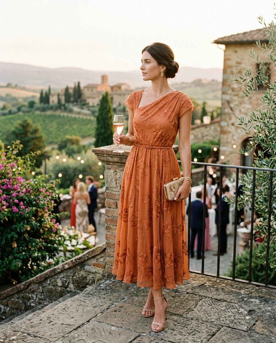 Gemma Deeks Style Guide: Cocktail Attire wedding guest dress in Tuscany Summer 2026