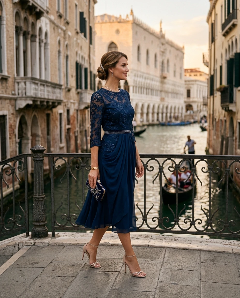 Gemma Deeks Style Guide: Cocktail Attire wedding guest dress in Venice Summer 2026