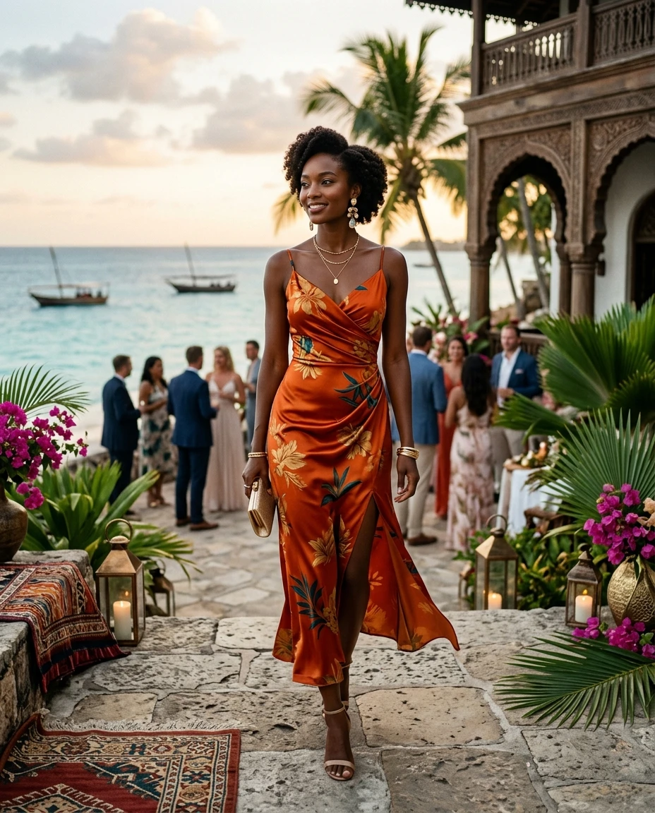 Gemma Deeks Style Guide: Cocktail Attire wedding guest dress in Zanzibar Summer 2026