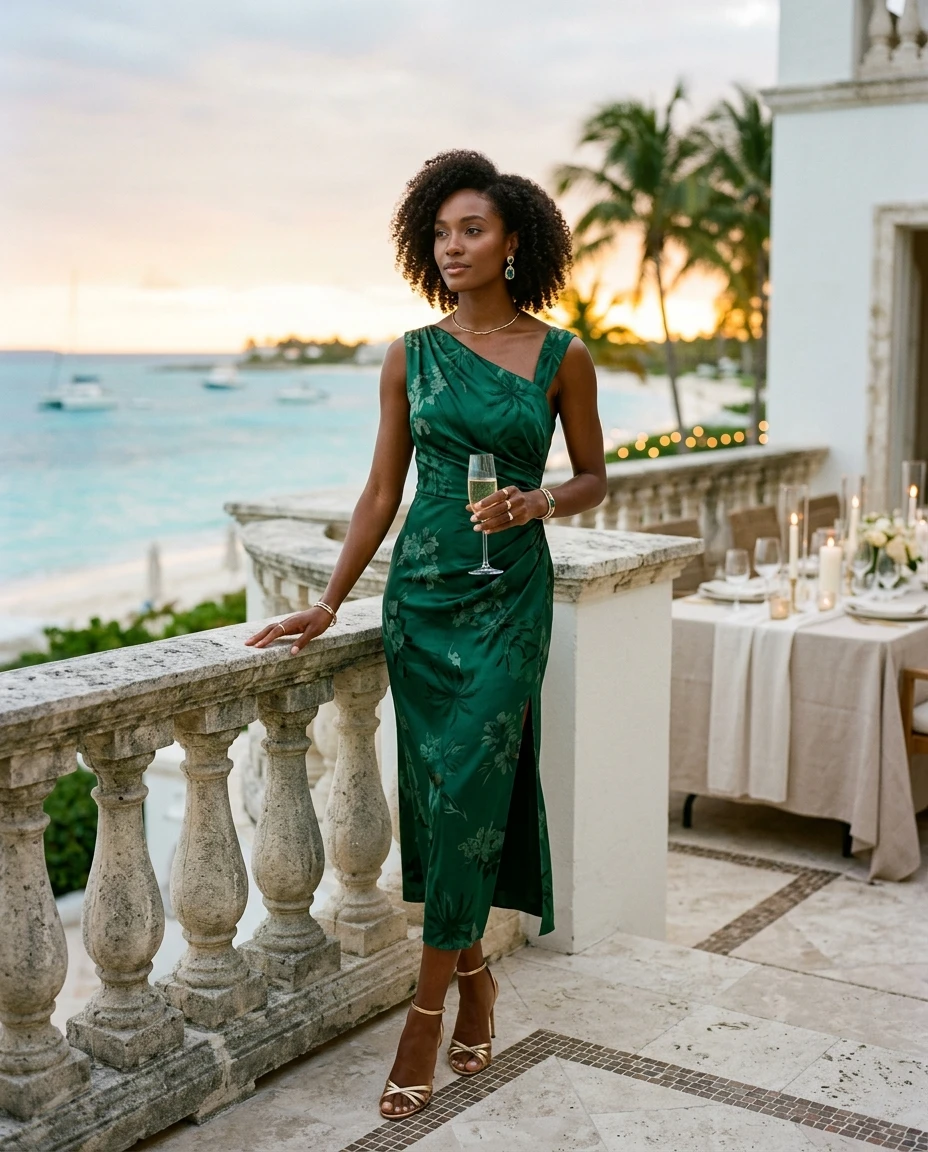 Gemma Deeks Style Guide: Cocktail dinner outfit in Bahamas Summer 2026