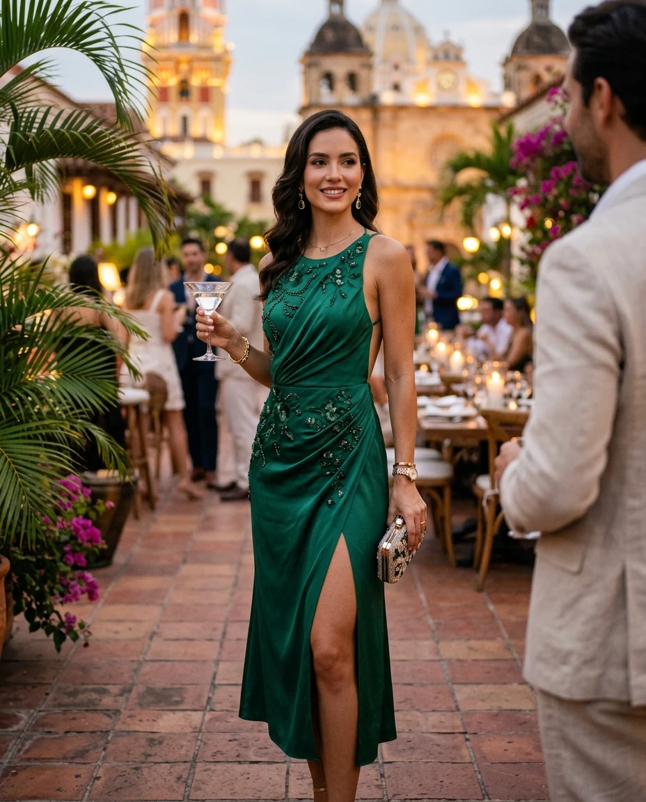 Gemma Deeks Style Guide: Cocktail dinner outfit in Colombia Summer 2026