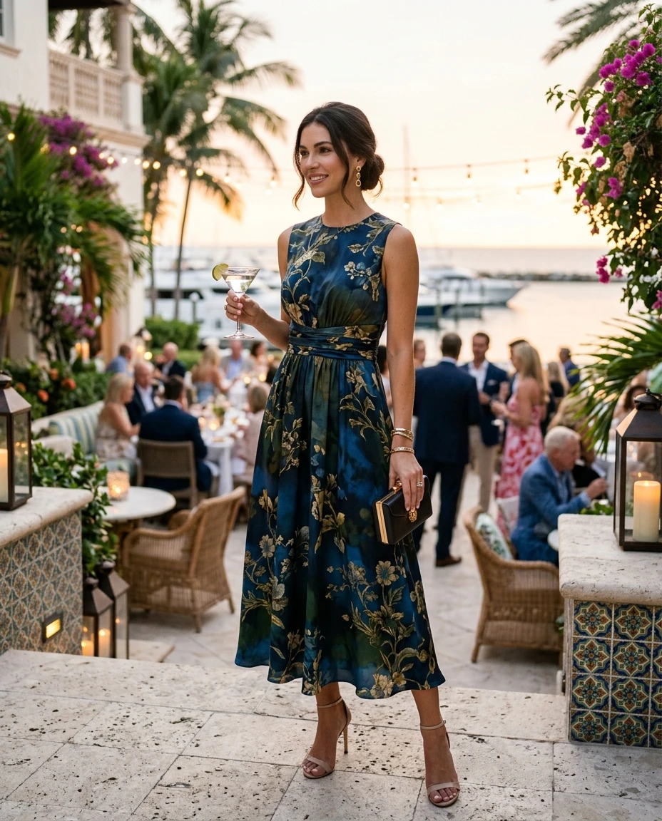 Gemma Deeks Style Guide: Cocktail dinner outfit in Florida Summer 2026