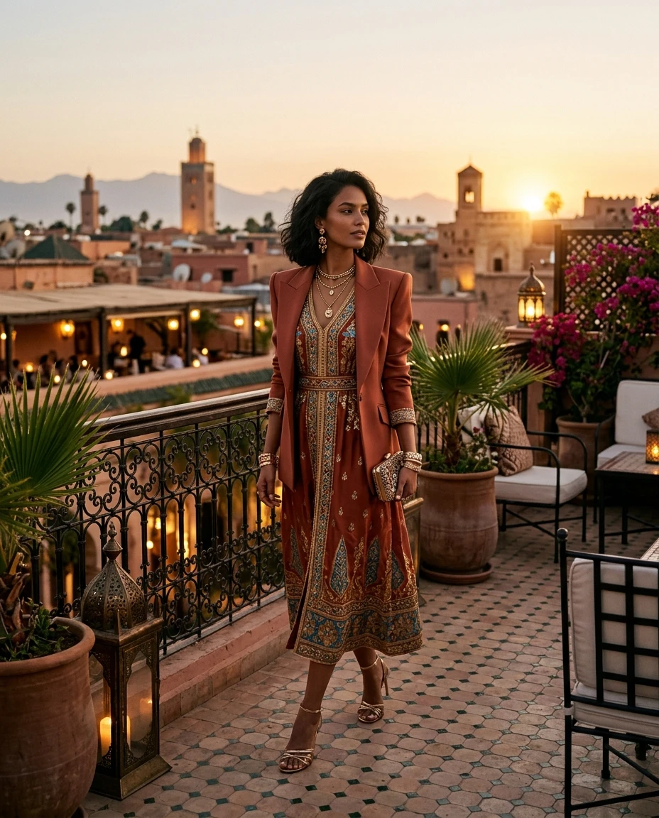 Gemma Deeks Style Guide: Cocktail dinner outfit in Moroco Summer 2026
