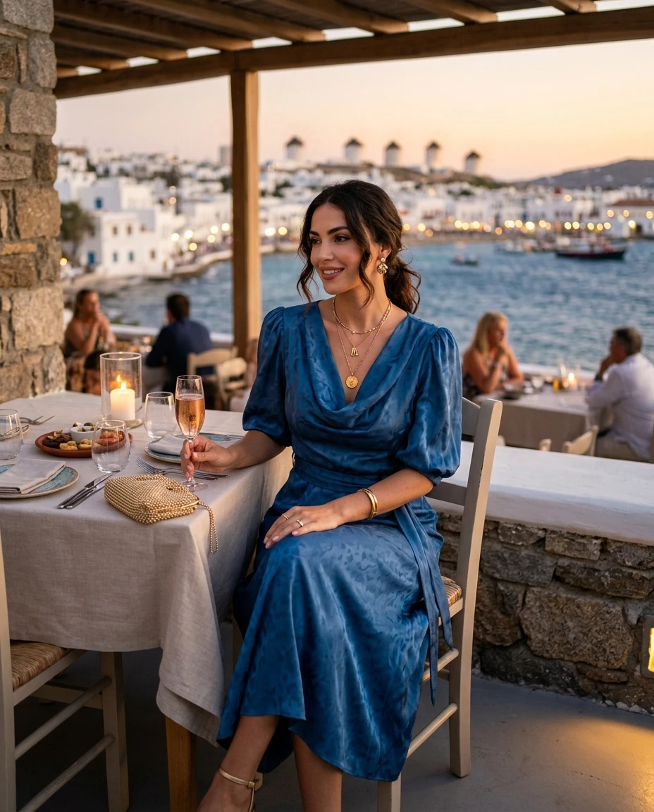 Gemma Deeks Style Guide: Cocktail dinner outfit in Mykonos Summer 2026