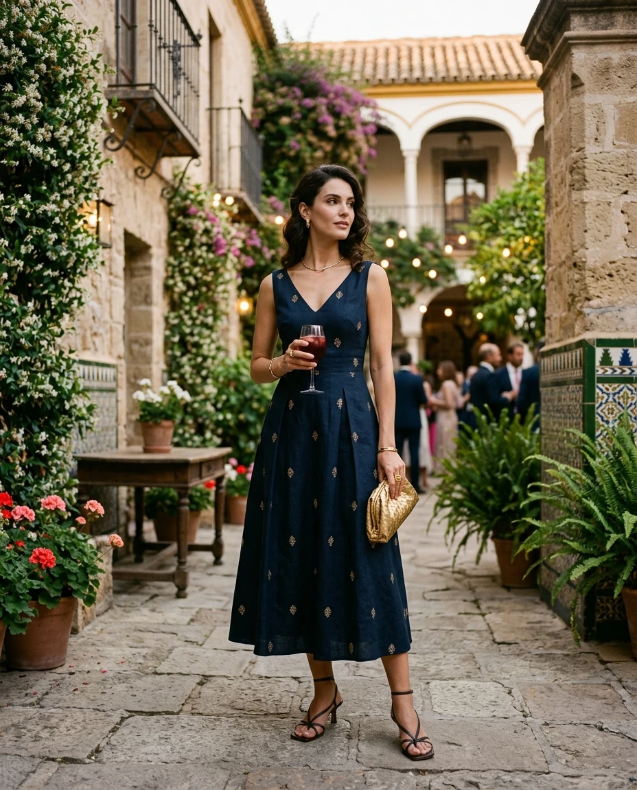 Gemma Deeks Style Guide: Cocktail dinner outfit in Spain Summer 2026