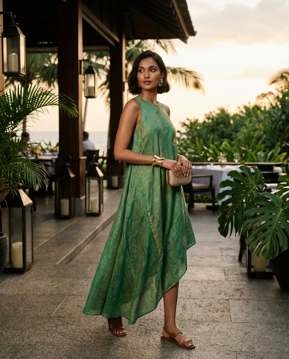 Gemma Deeks Style Guide: Cocktail dinner outfit in Sri Lanka Summer 2026
