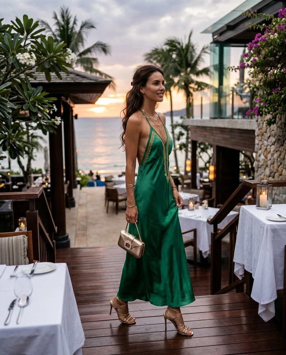 Gemma Deeks Style Guide: Cocktail dinner outfit in Thailand Summer 2026