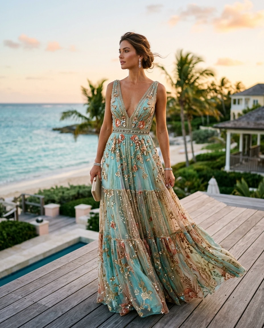 Gemma Deeks Style Guide: Cocktail gala gown in Bahamas Summer 2026