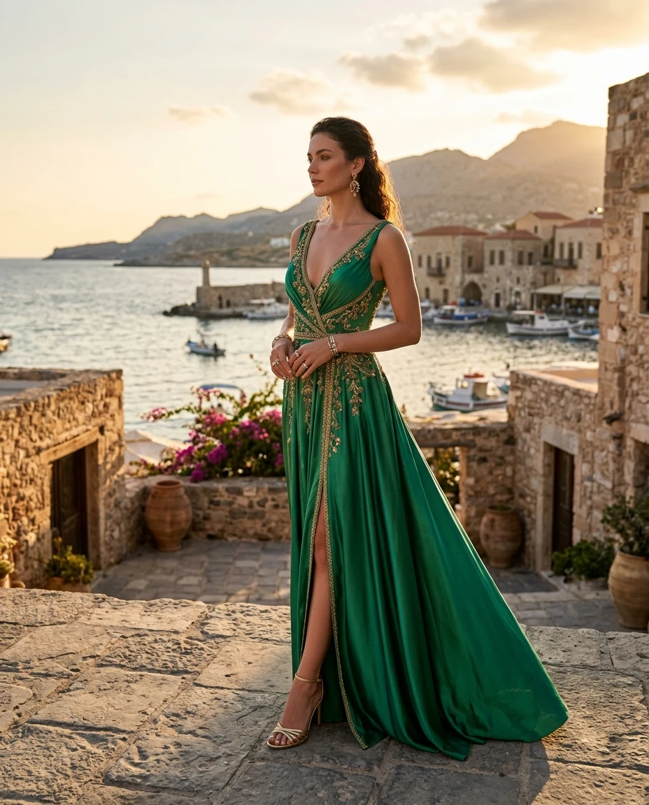 Gemma Deeks Style Guide: Cocktail gala gown in Crete Summer 2026