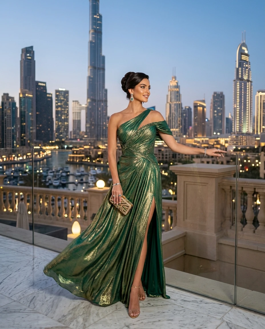 Gemma Deeks Style Guide: Cocktail gala gown in Dubai Summer 2026