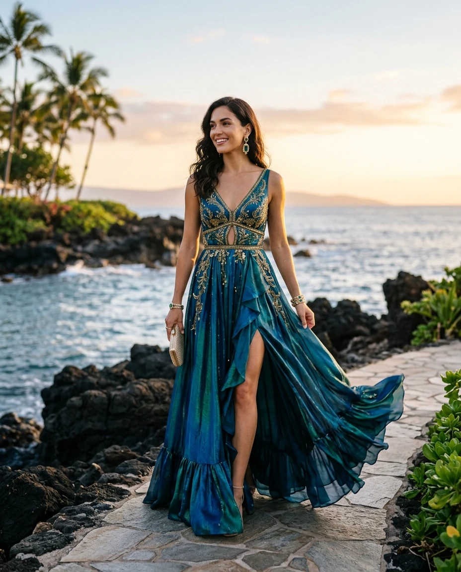 Gemma Deeks Style Guide: Cocktail gala gown in Hawaii Summer 2026