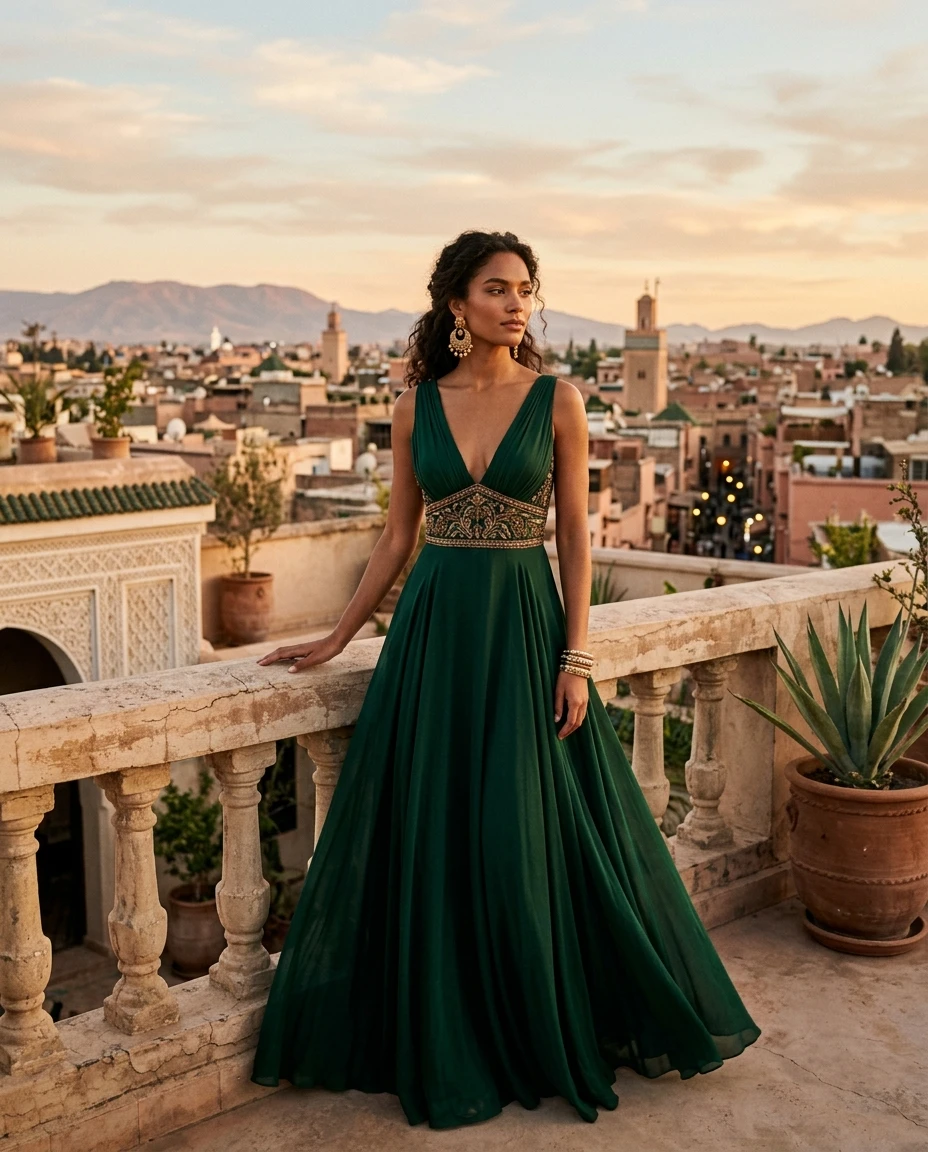 Gemma Deeks Style Guide: Cocktail gala gown in Marrakech Summer 2026