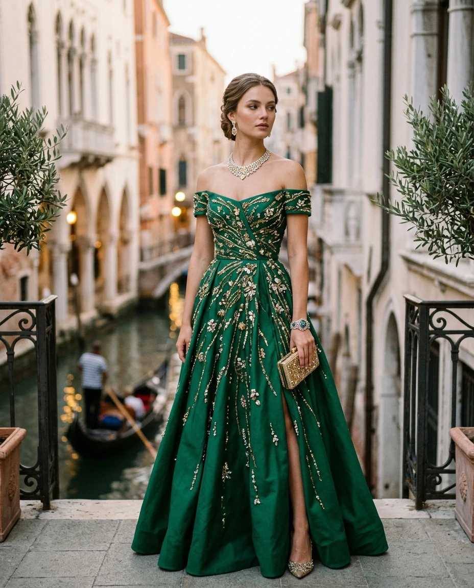 Gemma Deeks Style Guide: Cocktail gala gown in Venice Summer 2026