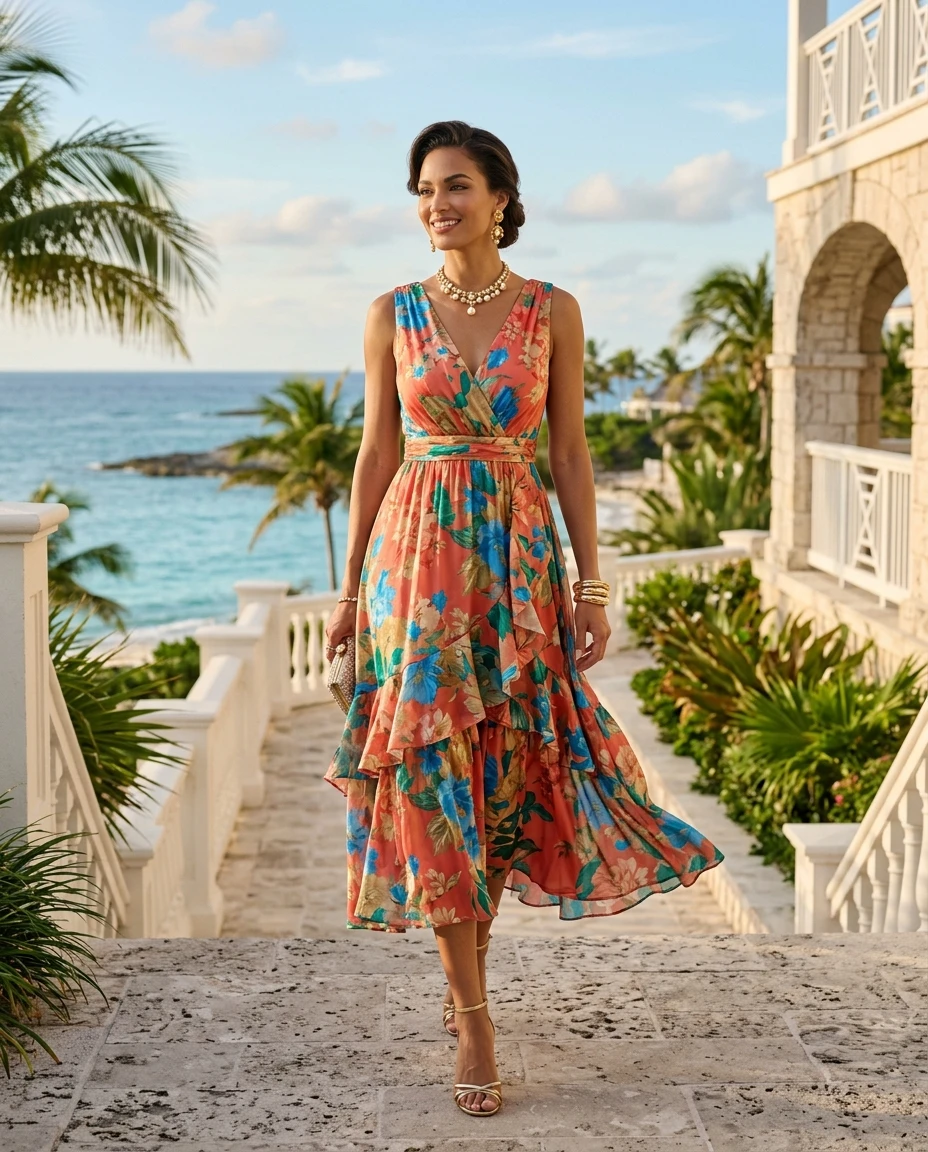 Gemma Deeks Style Guide: Cocktail wedding guest dress in Bahamas Summer 2026