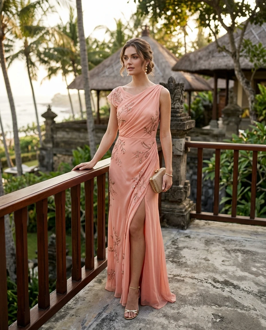 Gemma Deeks Style Guide: Cocktail wedding guest dress in Bali Summer 2026