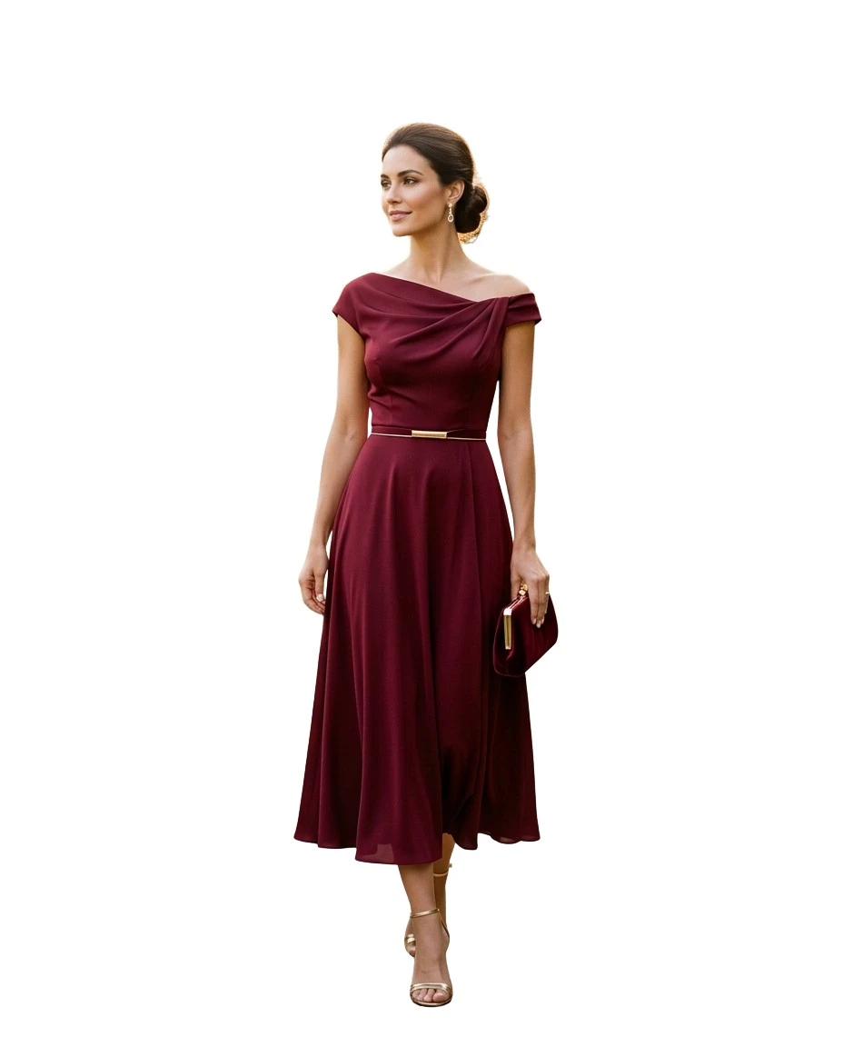 Gemma Deeks Style Guide: Cocktail wedding guest dress in Burgundy Summer 2026