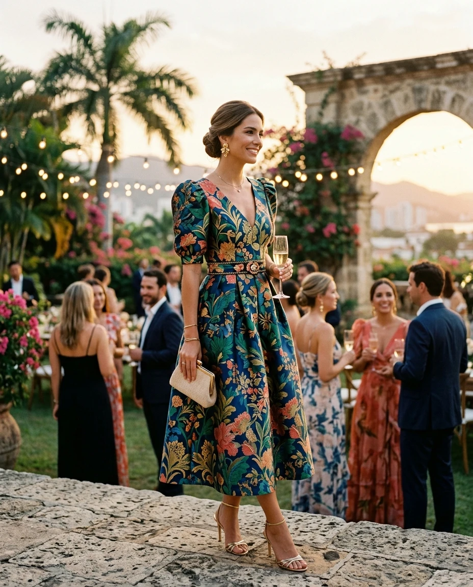 Gemma Deeks Style Guide: Cocktail wedding guest dress in Colombia Summer 2026
