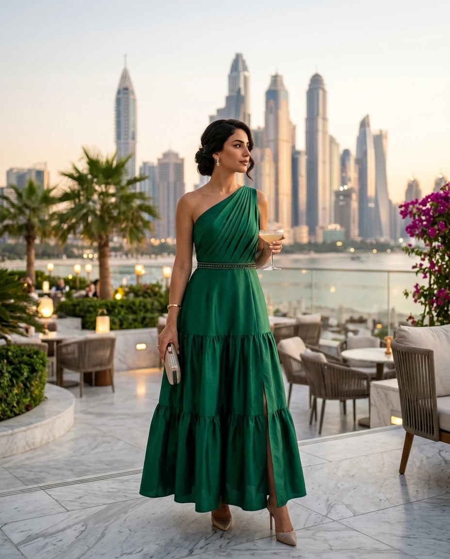 Gemma Deeks Style Guide: Cocktail wedding guest dress in Dubai Summer 2026