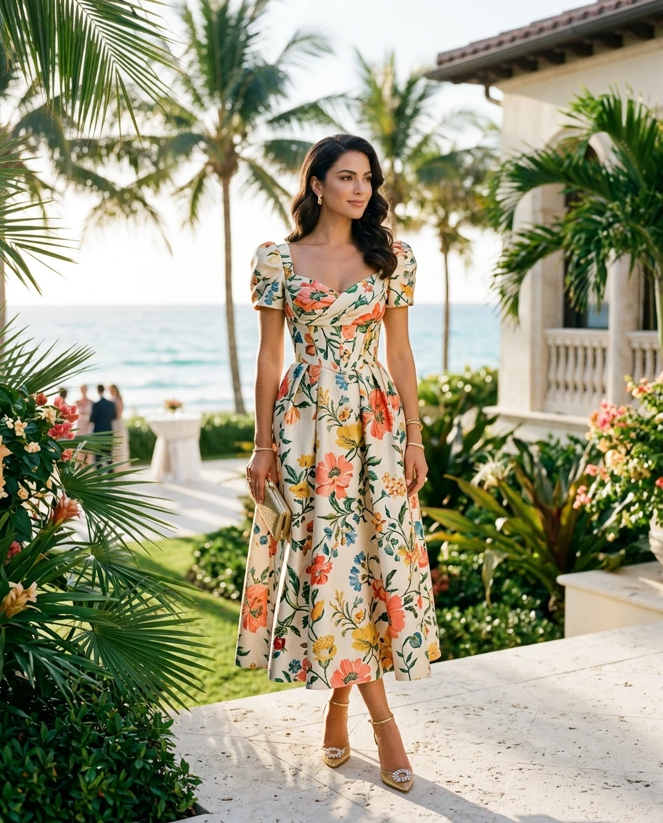 Gemma Deeks Style Guide: Cocktail wedding guest dress in Florida Summer 2026