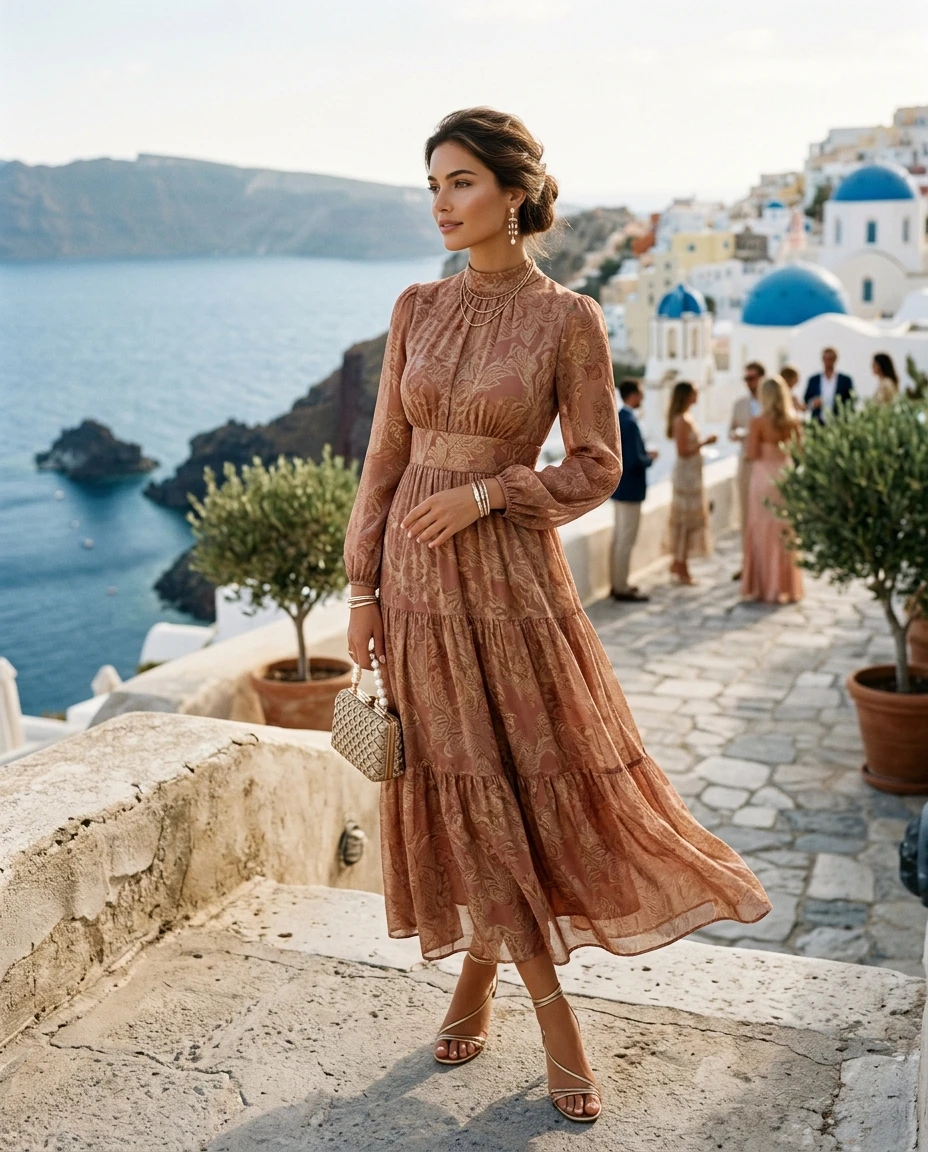 Gemma Deeks Style Guide: Cocktail wedding guest dress in Greece Summer 2026