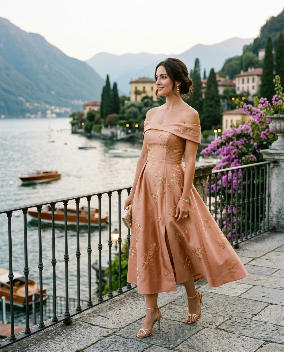 Gemma Deeks Style Guide: Cocktail wedding guest dress in Lake Como Summer 2026