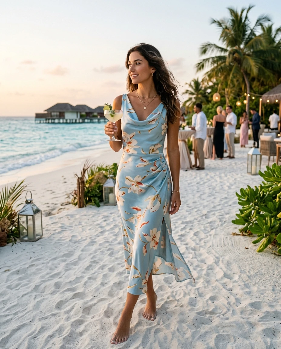 Gemma Deeks Style Guide: Cocktail wedding guest dress in Maldives Summer 2026