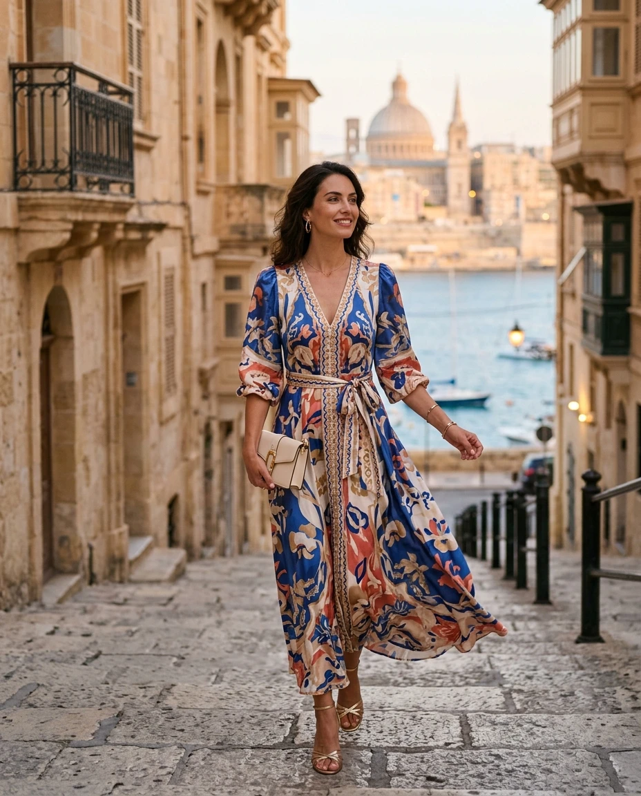 Gemma Deeks Style Guide: Cocktail wedding guest dress in Malta Summer 2026