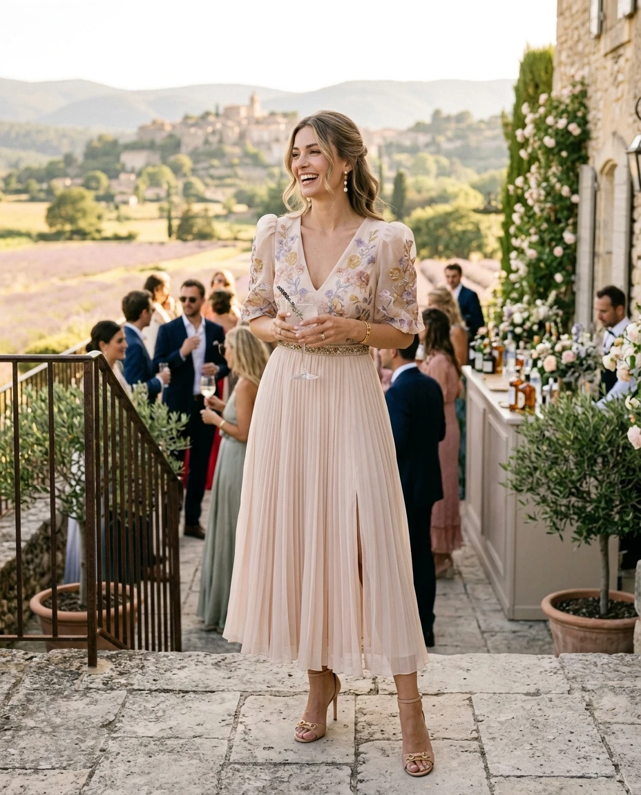 Gemma Deeks Style Guide: Cocktail wedding guest dress in Provence France Summer 2026