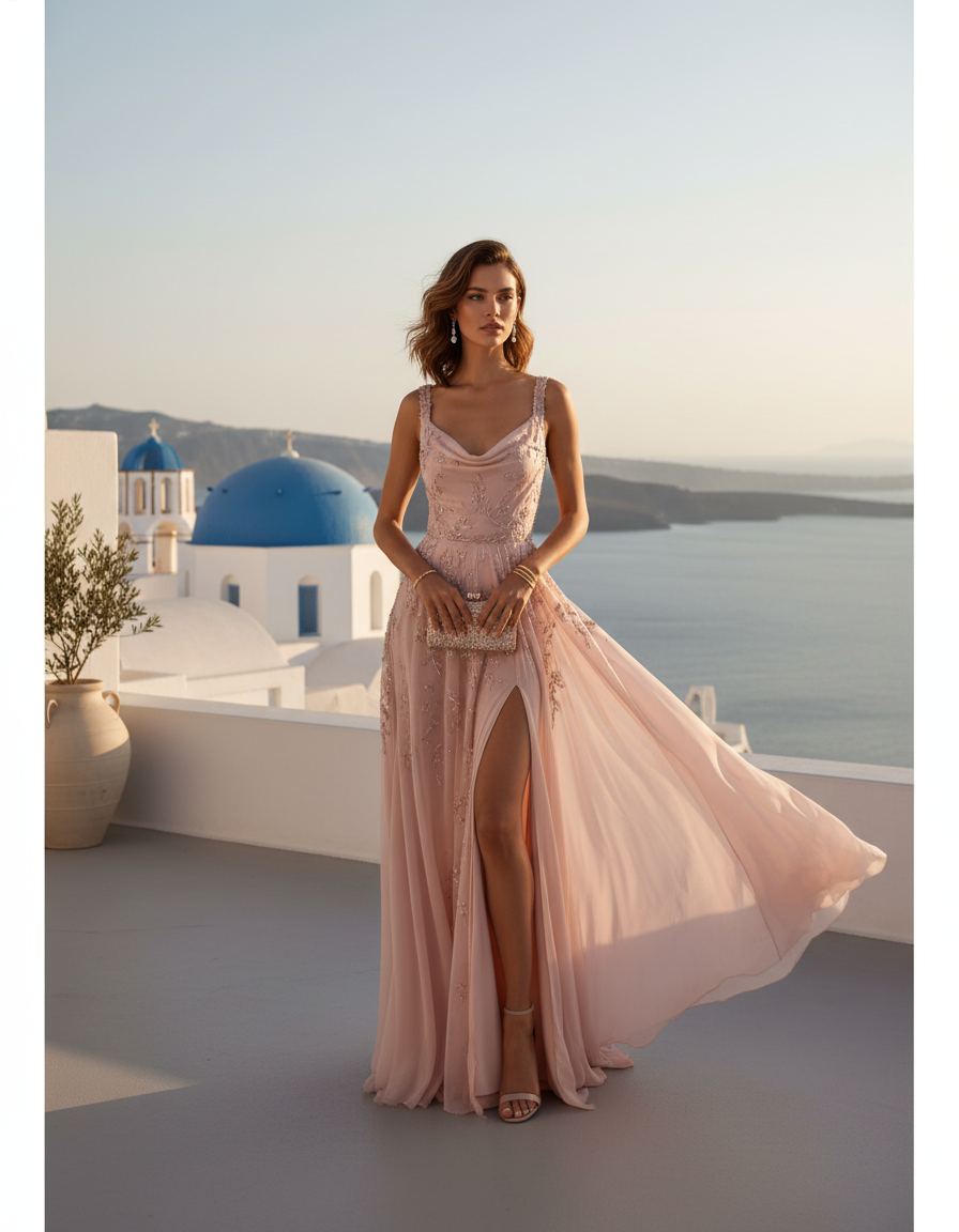 Gemma Deeks Style Guide: Cocktail wedding guest dress in Santorini Summer 2026