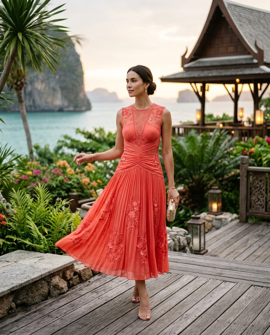 Gemma Deeks Style Guide: Cocktail wedding guest dress in Thailand Summer 2026