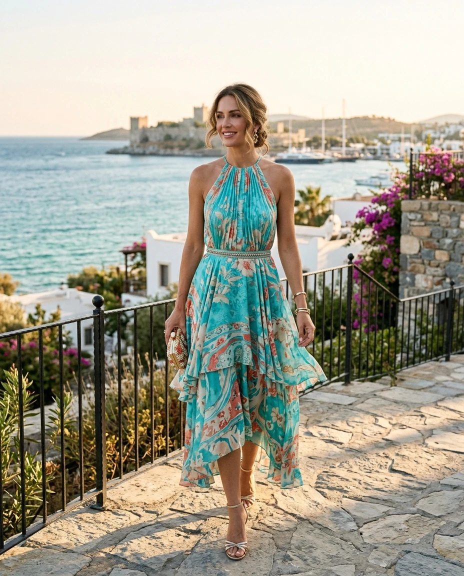 Gemma Deeks Style Guide: Cocktail wedding guest dress in Turkey Summer 2026