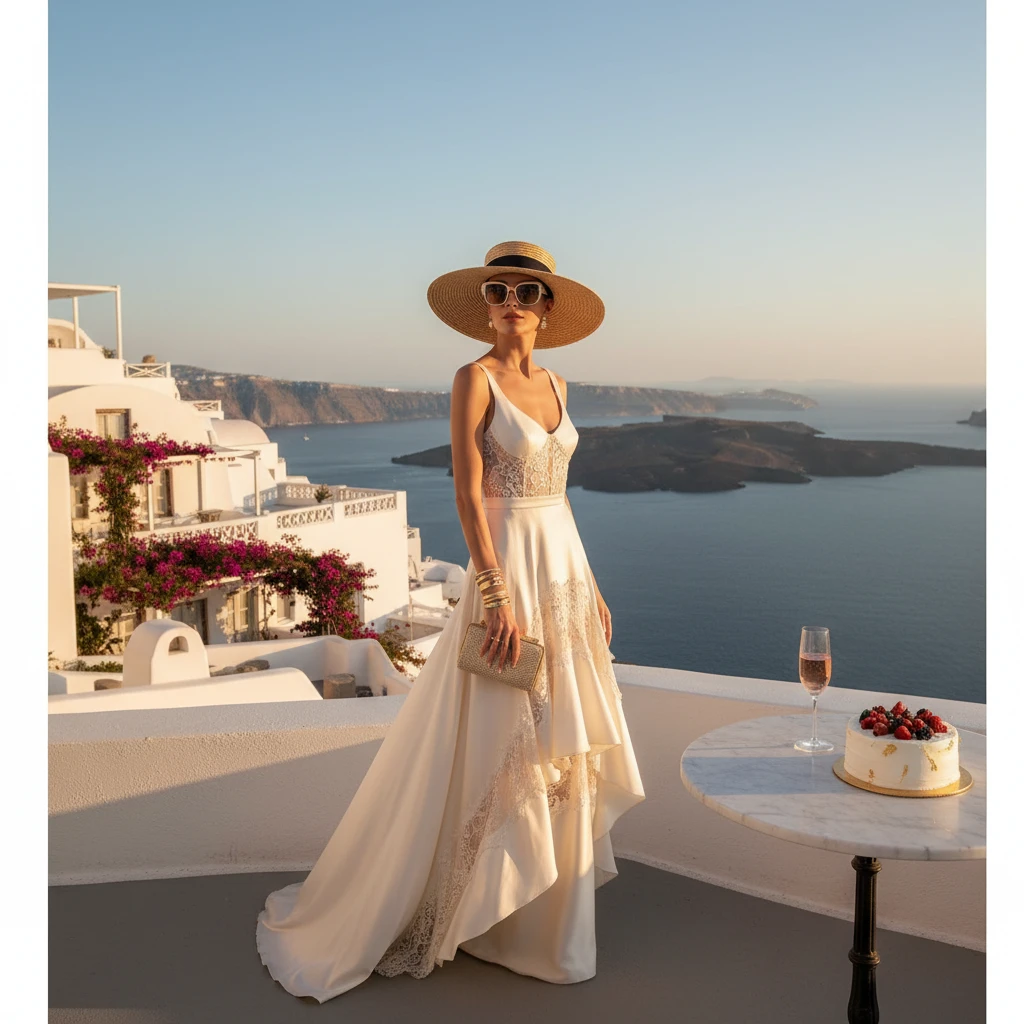 Gemma Deeks Style Guide: Elegant Chic Birthday in Santorini Summer 2026