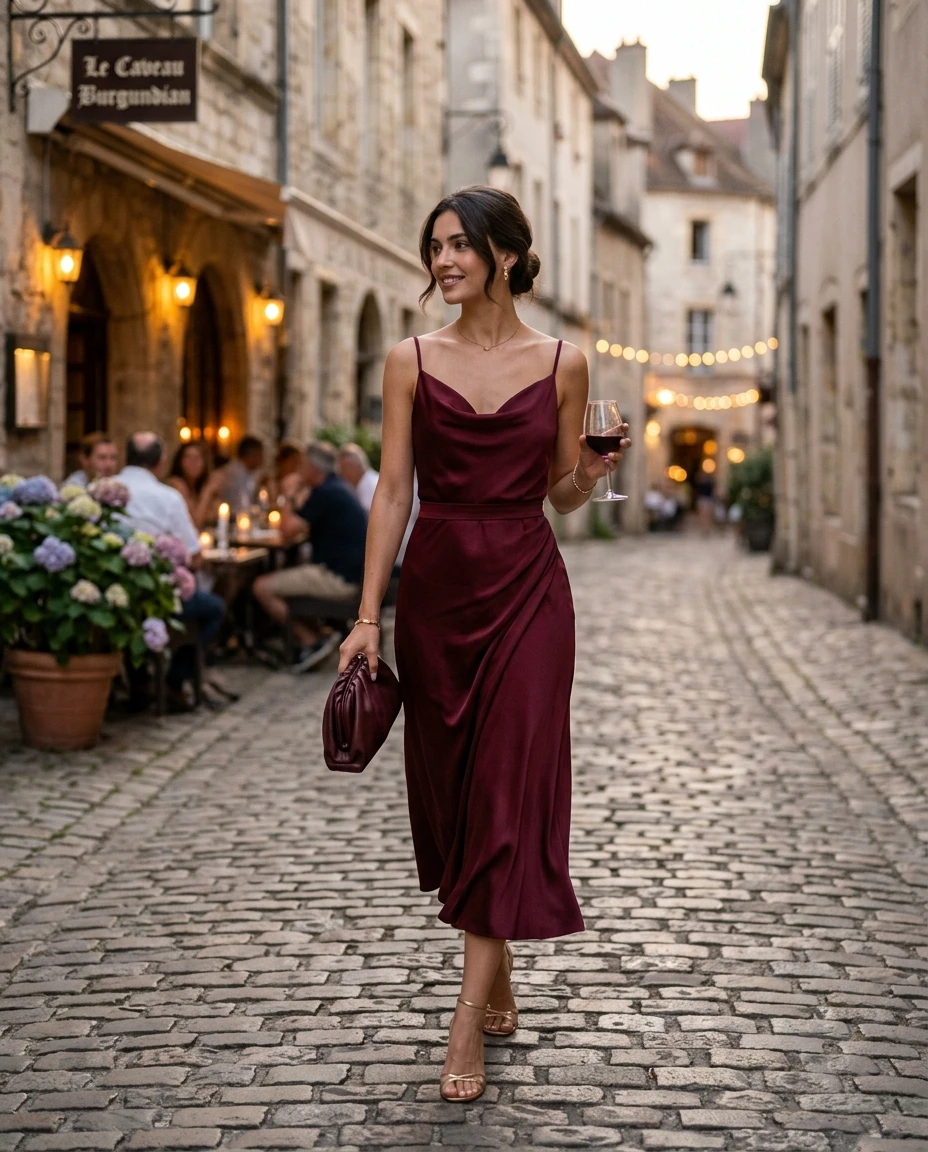 Gemma Deeks Style Guide: Elegant Chic Date night in Burgundy Summer 2026