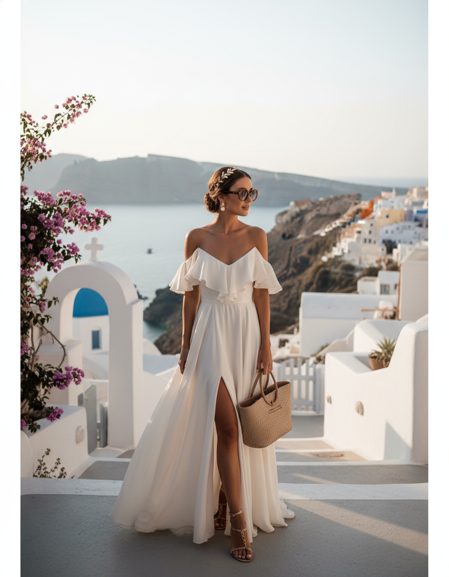 Gemma Deeks Style Guide: Elegant Chic Designer Summer Dresses in Santorini Summer 2026